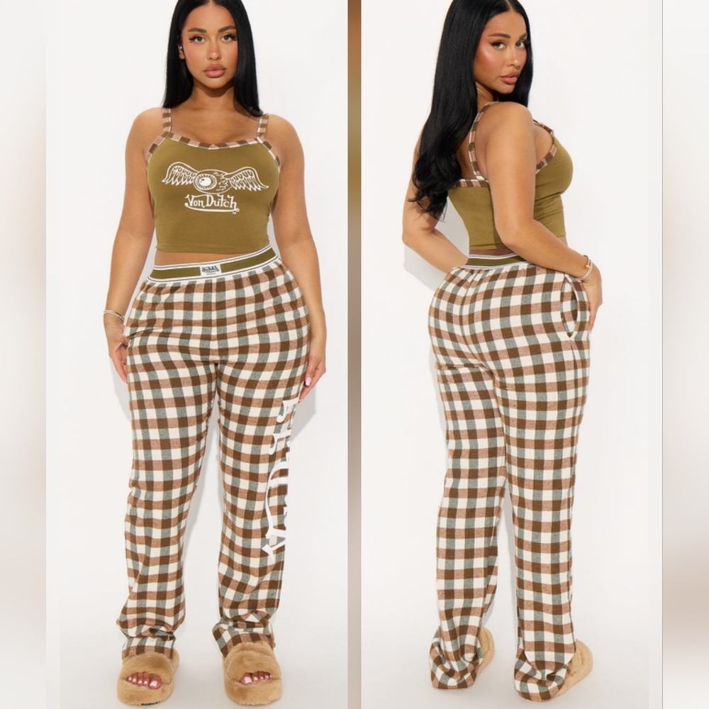 Von Dutch Cami PJ Flannel Boxer Pant Set - Olive/combo